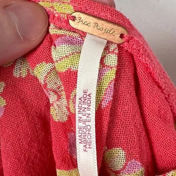 Free People Indigo Molly Tunic Tank Top Blouse Floral Boho Oversized Tie Tassel - Picture 6 of 14